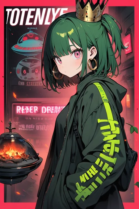 <lora:Wild_Anime_2025:0.7>,
1girl, bag, bangs, black hair, black legwear, blunt bangs, braided ponytail, breasts, brown hair, bug, bullpup, burning, close-up, crown, cup, cyborg, embers, english text, from side, green hair, hair between eyes, hoop earrings, jacket, leaf, long sleeves, looking at viewer, magazine cover, neon lights, nike, one side up, outdoors, pink eyes, plate, red border, short hair, solo, two-tone background, ufo, wild_style