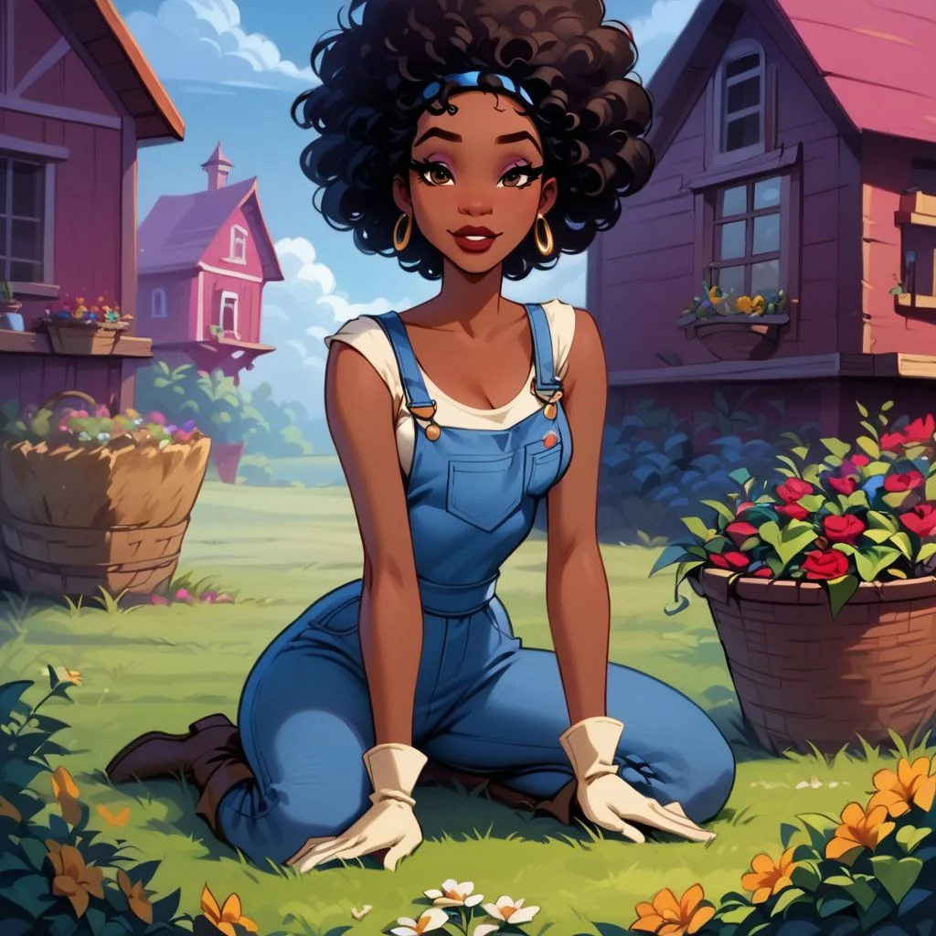 score_9, score_8_up, score_7_up, score_6_up, Comistyle, art by John Byrne and Jim Lee <lora:ComicsPonyXL_V2:1>, rating explicit, NSFW, 1girl, african american woman, ((afro)), ((curly hair)), ((cute hair)), ((youthful)), 20 year old, (((voluptuous curves))), (((slim thick))), ((round ass)), ((wide hips)), ((thick thighs)), long eyelashes, (((big lips))), dark-skinned female, ((curvy)), medium breasts, (thick ass), ((round butt)), ((bedroom eyes)), looking at viewer, dynamic angle, dynamic shot, wide shot, makeup, disney, (detailed face), source_cartoon, realism, 1girl, ((dark skin)), black hair, (((flirty))), ((suggestive pose)), Expressiveh, TianaXLP, ((outdoors)), ((orchard)), overalls, boots, knee socks, gardening gloves, farm, basket of apples, distressed clothes, hoop earrings,
semi-realistic, kneeling on the ground, seductive body, cute sexy pose, flowers, sexy pose, horny, flirtatious look,