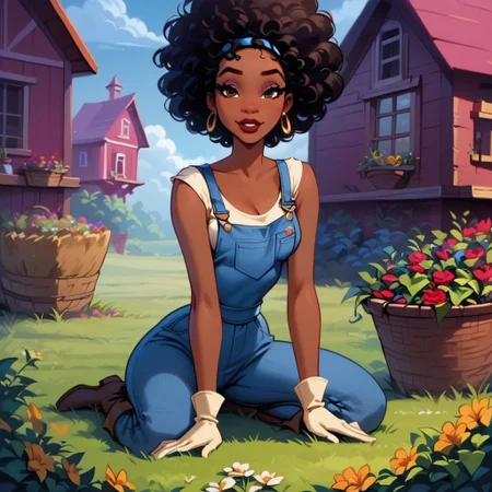 score_9, score_8_up, score_7_up, score_6_up,  Comistyle, art by John Byrne and Jim Lee <lora:ComicsPonyXL_V2:1>, rating explicit, NSFW, 1girl, african american woman, ((afro)), ((curly hair)), ((cute hair)), ((youthful)), 20 year old, (((voluptuous curves))), (((slim thick))), ((round ass)), ((wide hips)), ((thick thighs)), long eyelashes, (((big lips))), dark-skinned female, ((curvy)), medium breasts, (thick ass), ((round butt)), ((bedroom eyes)), looking at viewer, dynamic angle, dynamic shot, wide shot, makeup, disney, (detailed face), source_cartoon, realism, 1girl, ((dark skin)), black hair, (((flirty))), ((suggestive pose)), Expressiveh, TianaXLP, ((outdoors)), ((orchard)), overalls, boots, knee socks, gardening gloves, farm, basket of apples, distressed clothes, hoop earrings, 
semi-realistic, kneeling on the ground, seductive body, cute sexy pose, flowers, sexy pose, horny, flirtatious look,