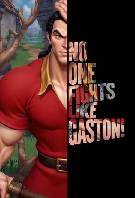 A poster with a human face and text. It shows muscular Gaston wearing red with a medieval background and the other half covered by text "No One Fights Like Gaston!" The background of the text is black.