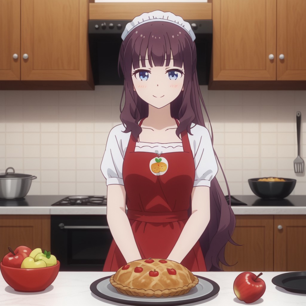 hifumi takimoto, solo, 1girl, apron, cooking, kitchen, (smiling:0.5),,
(apple pie), delicious food, beautiful food,,
looking at viewer,, 2D, anime style, anime coloring,,masterpiece, best quality, absurdres, very aesthetic