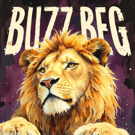 album cover art for a lion techno vinyl album, minimalist design, furry edm, retro 80's vibes, anime style watercolor painting. The album title "BUZZ BEG" is written in large letters. The tracks are listed below the title: "1. AI mangled my witty text", and "2. What's up with those paws?"