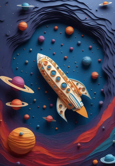 Paper quilling, layered paper. (A spaceship flying through a galaxy of swirling, colorful paper stars and planets). (Majestic cosmic paper art, surreal and detailed).

4k, high quality, masterpiece, 

