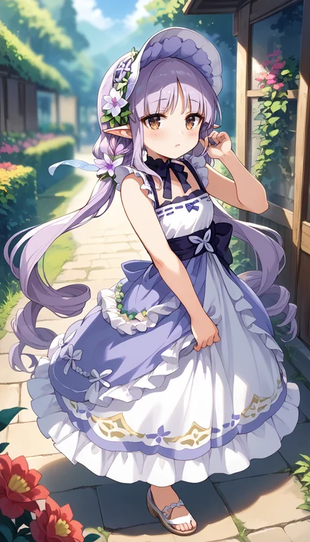 score_9,score_8_up,score_7_up,
official art,official style,game cg,megami magazine,
kyouka spring,
bangs, bare shoulders, blurry, blush, bonnet, braid, braided ponytail, brown eyes, dress,
elf, flower, frilled dress, frills, hair flower, hair ornament, hat, long hair, low twintails,
petals, pointy ears, purple dress, purple hair, ribbon, sleeveless, sleeveless dress, twintails,
very long hair, white dress,
1girl,solo,
standing,full body,
<lora:princess_connect_kyouka_pony_v1:1>,