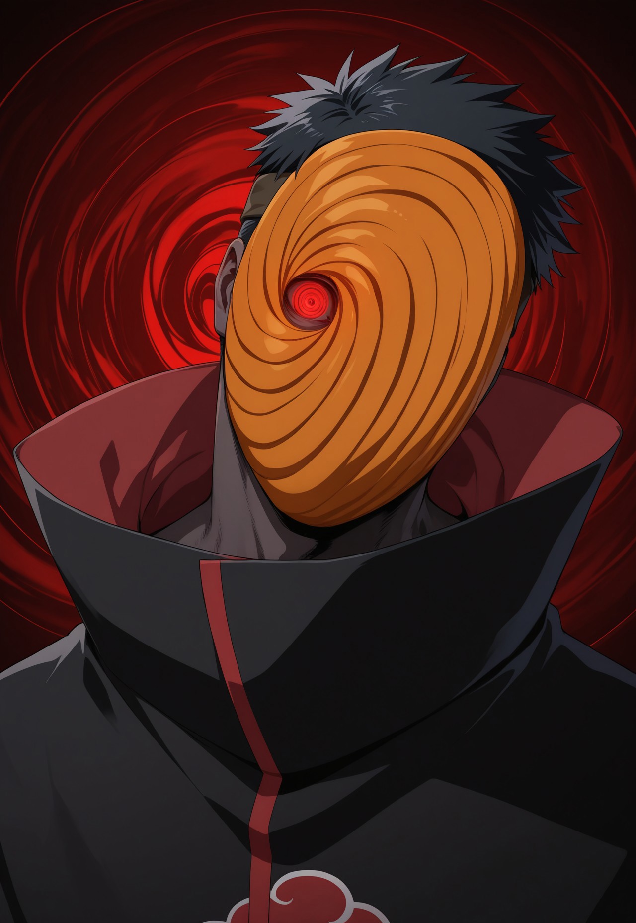 masterpiece, best quality, amazing quality, very aesthetic, absurdres, newest, naruTobi, 1boy, solo, mask, sharingan, black hair, short hair, akatsuki uniform, (close-up:1.2), horror, red swirl, silhouette, intimidating, masochism, threatening, glaring at viewer, glowing eye, light trail, head tilt, curious