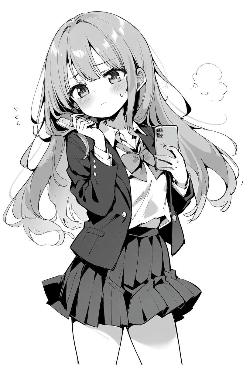 score_9, score_8_up, score_7_up, score_6_up,
<lora:Kihyahya:1> kihyahya, 1girl, greyscale, monochrome, skirt, long hair, school uniform, phone, holding phone, pleated skirt, cellphone, solo, blush, sketch