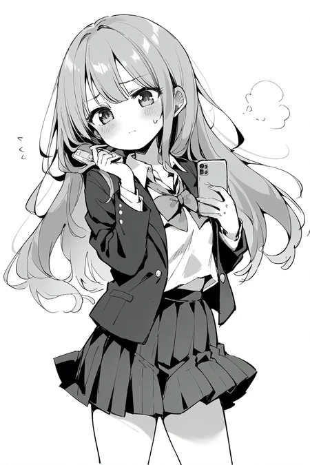score_9, score_8_up, score_7_up, score_6_up,
<lora:Kihyahya:1> kihyahya, 1girl, greyscale, monochrome, skirt, long hair, school uniform, phone, holding phone, pleated skirt, cellphone, solo, blush, sketch