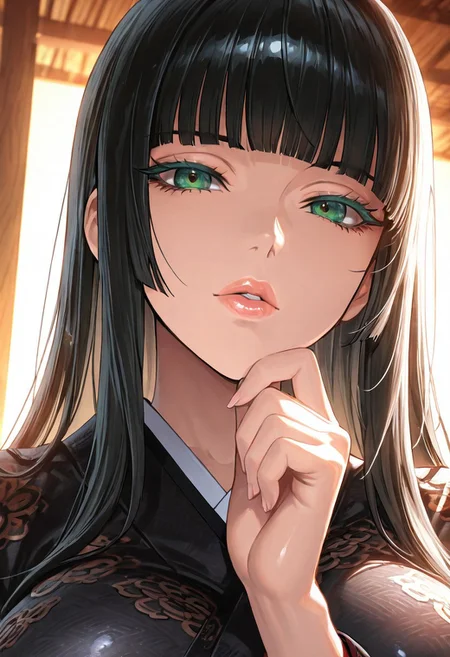 1girl, <lora:Gentiana_FFXV_ilxl_goofy:1> gentiana, \(FFXV\),, adult woman, masterpiece, black kimono, hand up, black hair, long hair, hime cut, blunt bangs, detailed lips, luscious lips, lip gloss, portrait, colored eyelashes, backlighting, detailed eyes, green eyes, large breasts, goddess, glossy skin, ,hires,best quality, very aesthetic,absurdres,score_9, score_8_up, score_7_up, score_6_up, score_5_up, score_4_up, (hyper extreme detailed), (hyper quality), game CG, (colour:1.2),(from side:0.7)