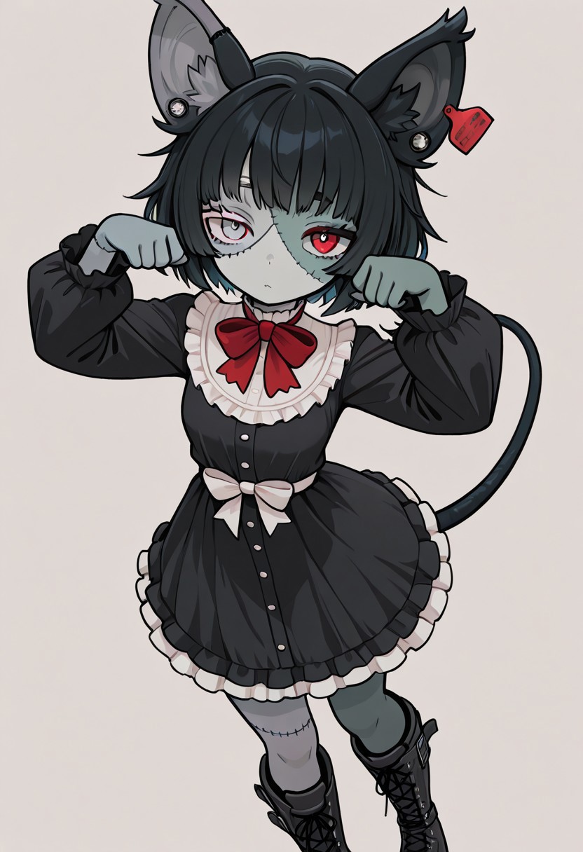 masterpiece, best quality, newest, absurdres, highres, 1girl, simple background, abstract background, facing viewer, dynamic angle,
3cto, patchwork skin, stitches, animal ears, ear tag, heterochromia, black tail, frilled dress, bowtie, boots, cute pose,