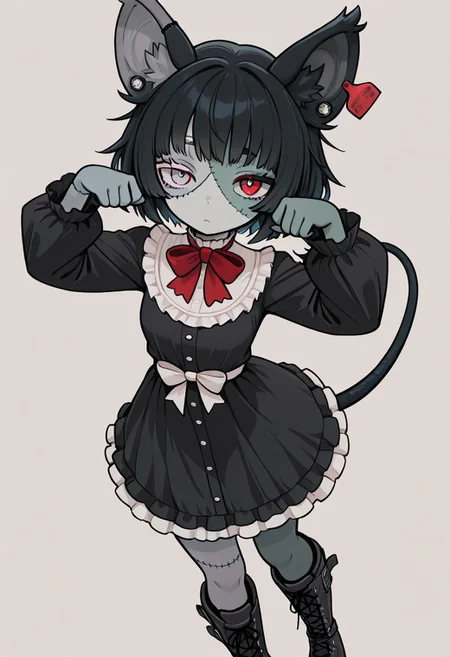 masterpiece, best quality, newest, absurdres, highres, 1girl, simple background, abstract background, facing viewer, dynamic angle,
3cto, patchwork skin, stitches, animal ears, ear tag, heterochromia, black tail, frilled dress, bowtie, boots, cute pose,