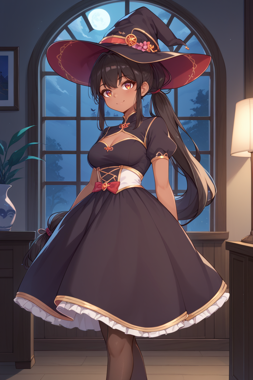 score_9, score_8_up, score_7_up,  1girl, solo,  big breats, smile, frowns,
 dark-skinned female, long hair, high ponytail, hair tie, 
 jyojifuku, witch, dress, pantyhose,hat
indoors, night, laterns, chinese room
<lora:AriSanStylePony:0.8> arisan_style