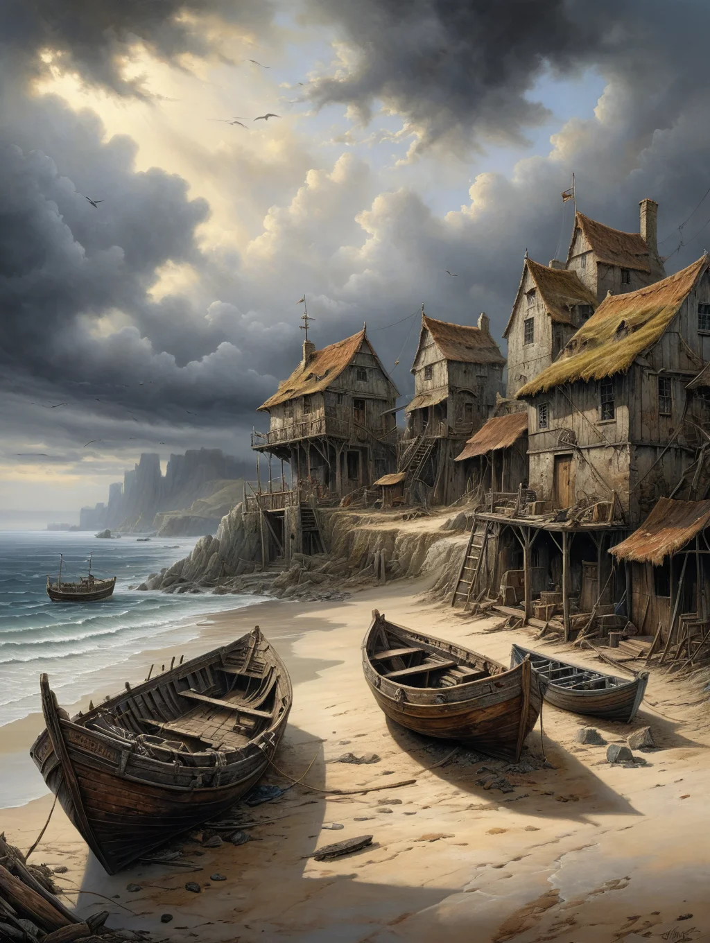 oil painting, A deserted coastline, 34K uhd, masterpiece, high detail, 8k, intricate, detailed, high resolution, high res, high quality, <lora:add-detail-xl:1.8>, highly detailed, Extremely high-resolution details, fine texture,