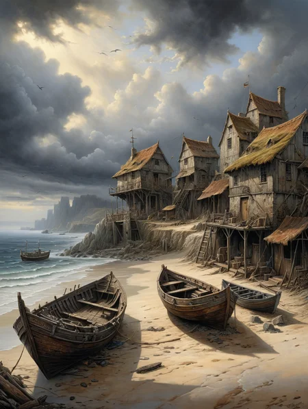 oil painting, A deserted coastline, 34K uhd, masterpiece, high detail, 8k, intricate, detailed, high resolution, high res, high quality, <lora:add-detail-xl:1.8>, highly detailed, Extremely high-resolution details, fine texture,