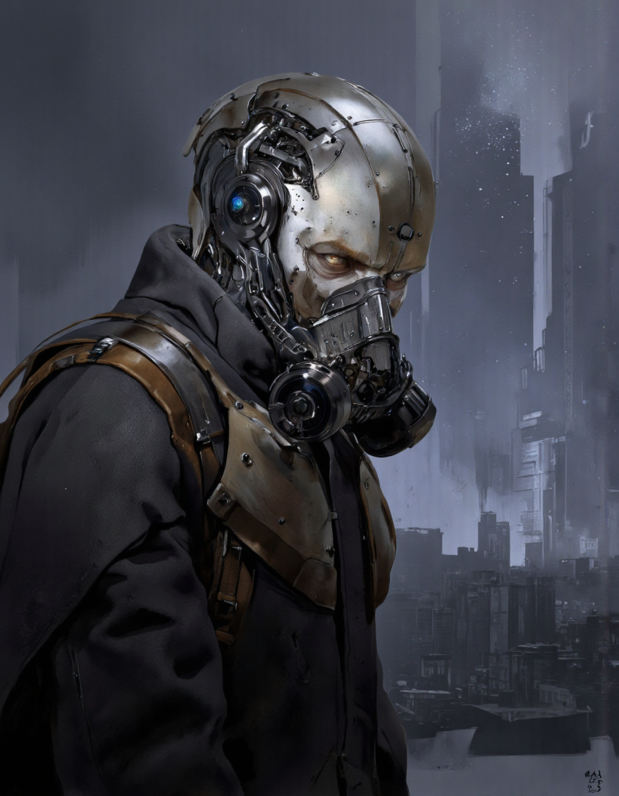 By Arthur Yuan. A digital illustration shoot from a profile camera angle about a futuristic, cybernetic humanoid robot with a sleek, metallic helmet and a gas mask, set against a blurred, abstract background with a blend of blue and gray hues. the image also shows a dark, dystopian cityscape with tall buildings in the distance. on the middle of the image, a humanoid robot appears to be facing the viewer, with a serious expression. the robot has a metallic, textured appearance with intricate details and glowing blue eyes, giving it a cyberpunk aesthetic. it is wearing a dark jacket with a capelet draped over its shoulders, adding to its ominous appearance. the character's face is obscured by the mask, and the overall mood is ominous and foreboding. the overall color palette is muted, with shades of blue, gray, and black dominating the background.