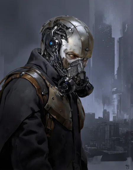 By Arthur Yuan. A digital illustration shoot from a profile camera angle about a futuristic, cybernetic humanoid robot with a sleek, metallic helmet and a gas mask, set against a blurred, abstract background with a blend of blue and gray hues. the image also shows a dark, dystopian cityscape with tall buildings in the distance. on the middle of the image, a humanoid robot appears to be facing the viewer, with a serious expression. the robot has a metallic, textured appearance with intricate details and glowing blue eyes, giving it a cyberpunk aesthetic. it is wearing a dark jacket with a capelet draped over its shoulders, adding to its ominous appearance. the character's face is obscured by the mask, and the overall mood is ominous and foreboding. the overall color palette is muted, with shades of blue, gray, and black dominating the background.