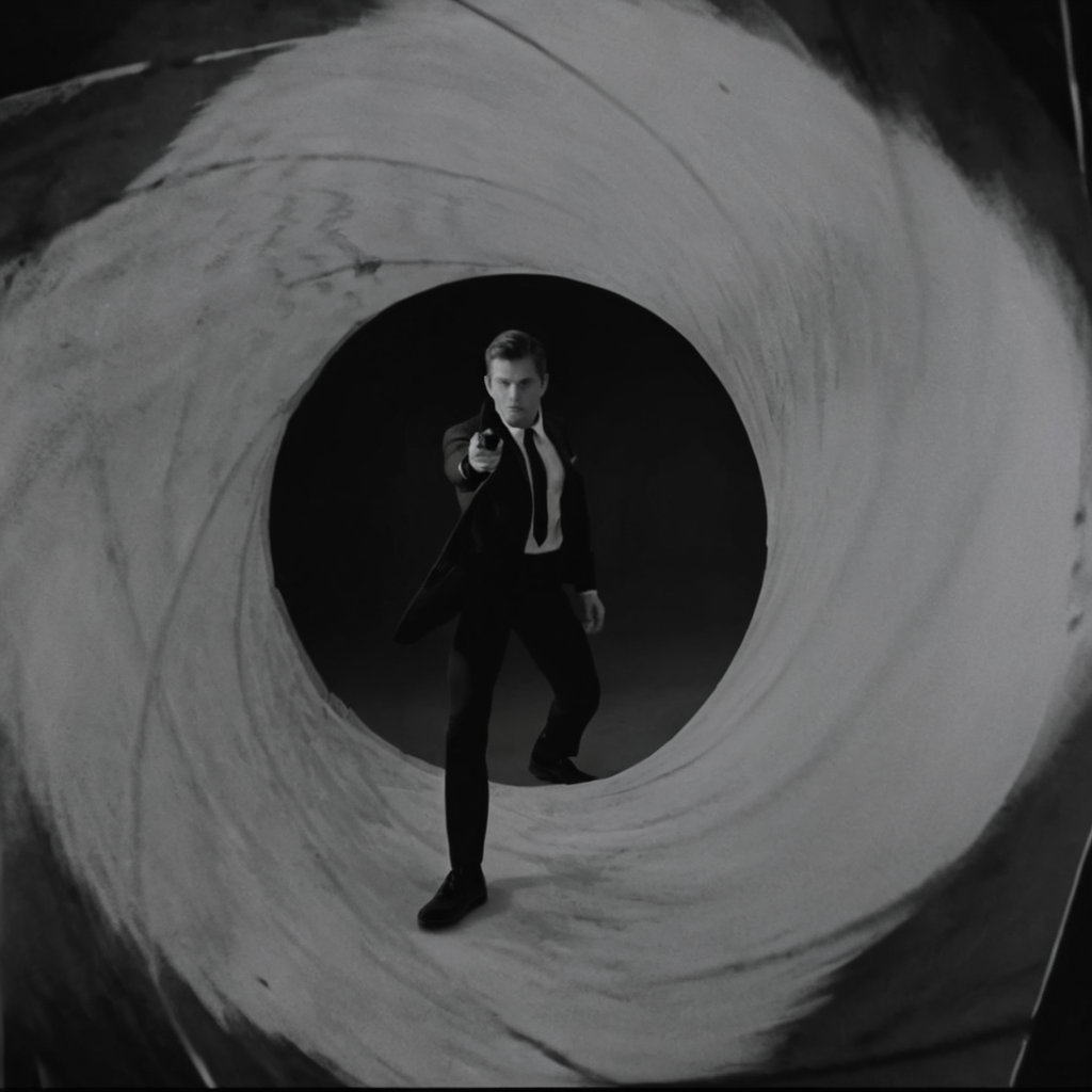 UHD, 4k, ultra detailed, cinematic, a photograph of <lora:Gun barrel sequence v2:1>
a man in a suit standing in a large black and white object aiming a gun at camera is see through a tunnel hole,solo,short hair,shirt,long sleeves,1boy,hat,standing,jacket,monochrome,greyscale,male focus,open clothes,shoes,pants,open jacket,letterboxed , Gun barrel hole,  gun barrel's interior,  pinhole camera, Gun barrel sequence style, epic, beautiful lighting, inpsiring