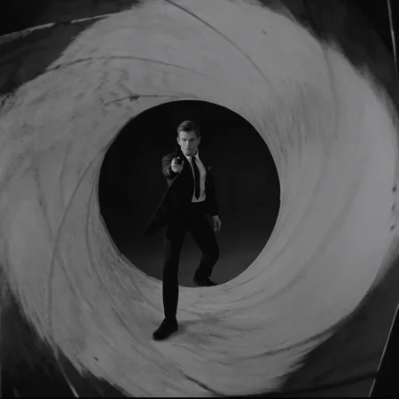 UHD, 4k, ultra detailed, cinematic, a photograph of <lora:Gun barrel sequence v2:1>
a man in a suit standing in a large black and white object aiming a gun at camera is see through a tunnel hole,solo,short hair,shirt,long sleeves,1boy,hat,standing,jacket,monochrome,greyscale,male focus,open clothes,shoes,pants,open jacket,letterboxed , Gun barrel hole, gun barrel's interior, pinhole camera, Gun barrel sequence style, epic, beautiful lighting, inpsiring