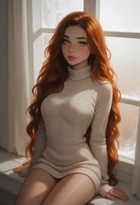masterpiece, score_9, score_8_up, score_7_up, EasyNegative_v2, (best quality:1.1), ultra-detailed, high resolution, super detailed skin, Highly Visible, 8k, sharp focus, beautiful, perfect lighting, smooth edges, girl, 18 year old girl, cute innocent girl, solo, posing, petite, slender body, large perky round breasts, green eyes, ((freckles, freckle details)), full lips, slim legs, ginger, wavy hair, long hair, soft beige knitted sweater, sitting on cutie, sitting by window, subtle texture, cozy winter style, sitting by rainy cafe window, window reflection, soft rain atmosphere, soft indoor lighting, indoor warmth, soft natural lighting, high angle