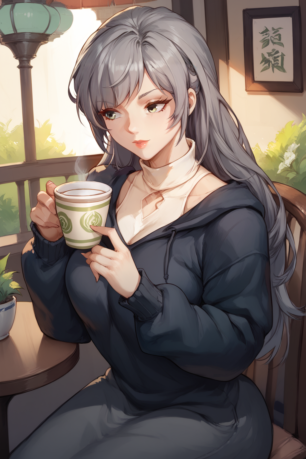 score_9, score_8_up, score_7_up, masterpiece, high quality, BREAK
 <lora:Ning YiwanPonyLoRA:1>ningyiwan, long hair, bangs, pullover, high collar, sitting in a cafe holding a cup of tea
