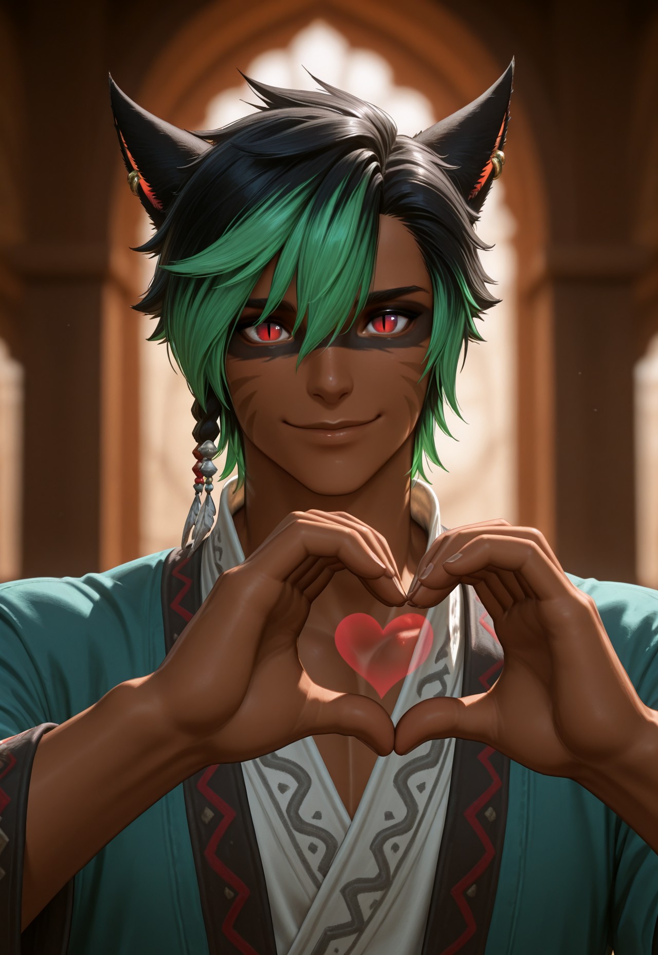 masterpiece, very aesthetic, KrhisT1A, miqo'te, 1boy, solo, animal ears, male focus, green hair, heart hands, heart, red eyes, blurry background, cat ears, depth of field, looking at viewer, facial mark, multicolored hair, cat boy, short hair, earrings, slit pupils, dark skin, black hair, upper body, smile, jewelry, two-tone hair, whisker markings, dark-skinned male, facepaint