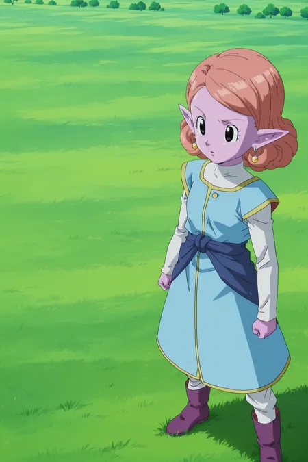 anime screencap, masterpiece, best quality, amazing quality, very aesthetic, absurdres, newest, (scenery, volumetric lighting),
chronoa, potara earrings, orange hair, pointy ears, black eyes, colored skin, purple skin, curly hair, turtleneck, white undershirt, long sleeves, blue dress, blue sash, white pants, purple boots, from above, grass, official style, dappled sunlight, short hair,
<lora:Chronoa_IL:0.8>