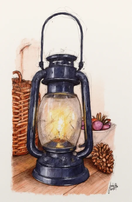 Sharp image of a rough sketch, rendered in vibrant multi colour ballpoint pen, capturing the adorable features of an old-fashioned lantern with a handle and a spout. The lantern is made of metal and has a black finish. It is placed on a wooden surface with a woven basket and a pine cone in the background. The light from the lantern is turned on, creating a warm glow. The overall mood of the image is cozy and rustic.  p3nsk, <lora:p3nsk:1>