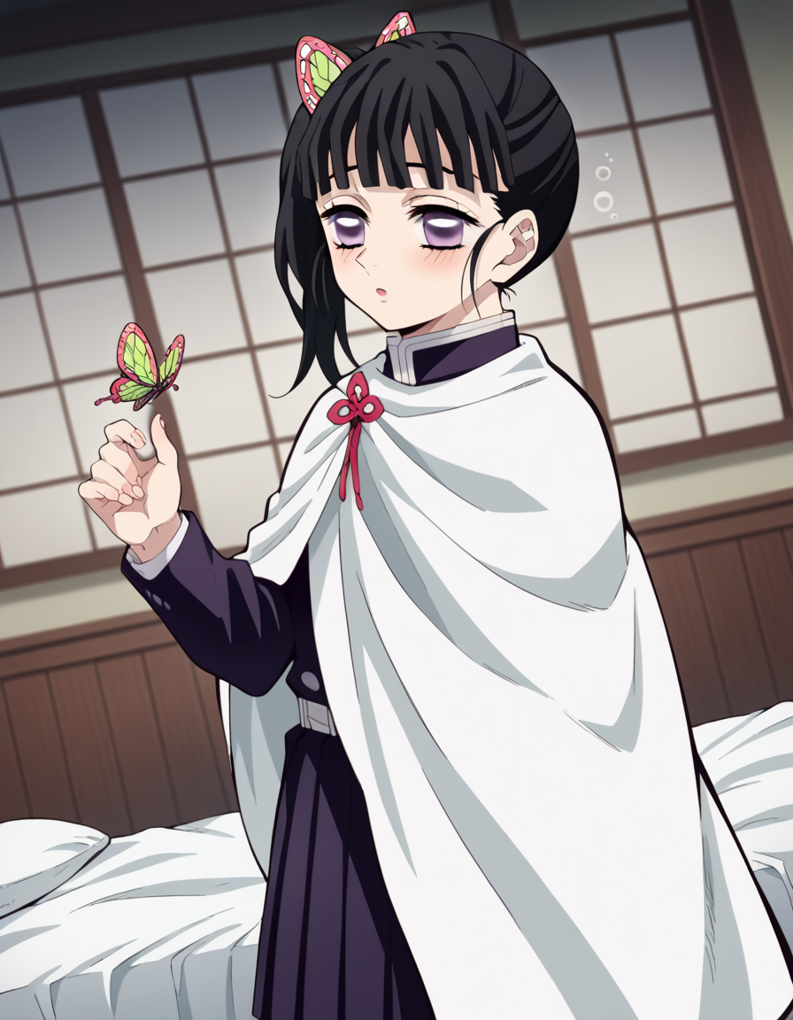 score_9, score_8_up, score_7_up, source_anime,
kanaotsuyuri, <lora:kanao-tsuyuri-anime-ponyxl-lora-nochekaiser:1>,
kanao tsuyuri, black hair, butterfly, butterfly hair ornament, purple eyes, side ponytail, ponytail,
black skirt, cape, demon slayer uniform, long sleeves, pleated skirt, skirt, white cape,
indoors, bed, bed room, on side, blush, drunk,
solo, dutch angle, looking at viewer, cowboy shot,