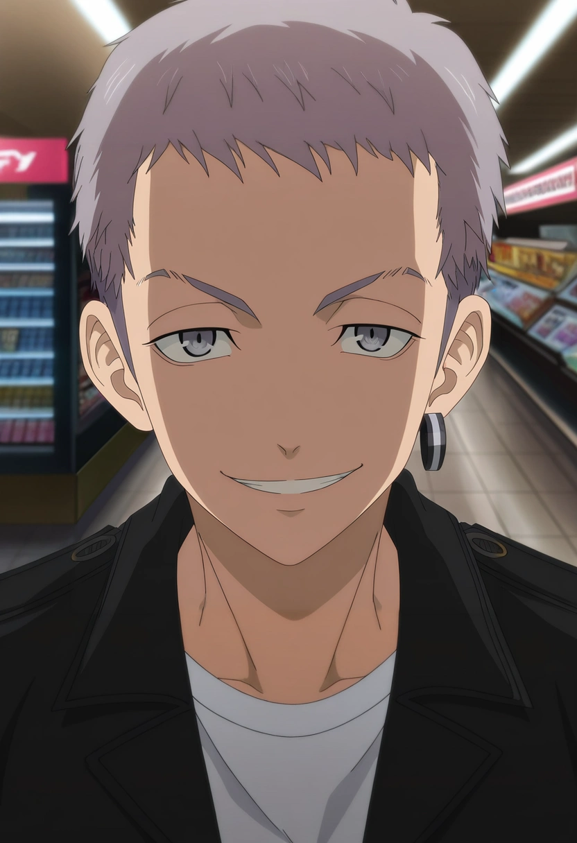 masterpiece, best quality, intricate details, anime screencap, , official style, looking at viewer, 1boy, solo, male focus, <lora:takashi_mitsuya_ilxl:0.96>, takashi_mitsuya, grey hair, grey eyes, short hair, single earring, white shirt, black jacket, close-up, shopping mall, stores, signs, indoors, dark, holding weapon, naughty smile,