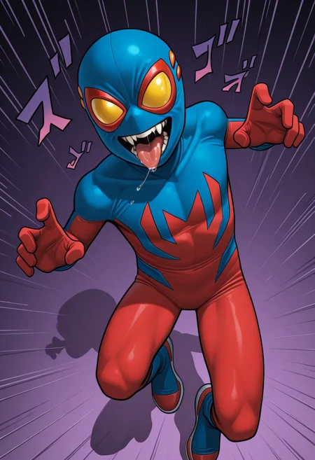 1boy, male focus, cute boy, BaileyBriggs, Mask, Yellow Eyes, Spiderboy Costume, Two-tone Bodysuit, Red Bodysuit, Blue Bodysuit, fangs, tongue, saliva, menacing, cinematic, intricately detailed illustration, depth of field, masterpiece, best quality, amazing quality, very aesthetic, absurdres, newest, very awa, shadow, dynamic angle, casual cosplay, dynamic pose,  action pose,