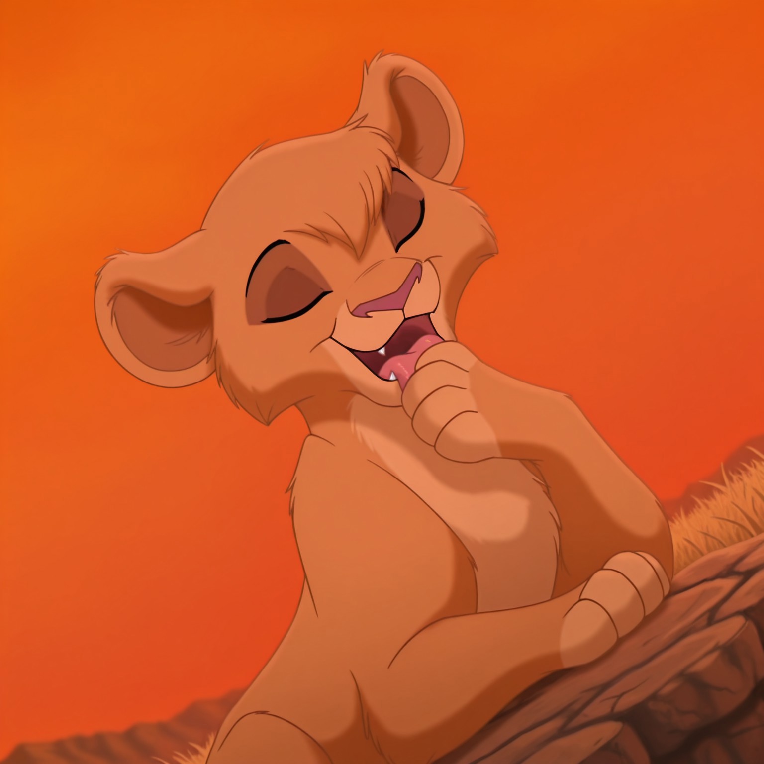 8k, uncensored, masterpiece, best quality, highly detailed, realistic, 1girl, solo, VitaniTLK, furry, feral, feline, lioness, brown hair, short hair, eyes closed, dark-pink nose, brown body, brown fur, tan body, tan fur, two tone body, two tone fur, (looking at viewer, sitting, sunset, orange sky, yellow grass, detailed background, front view, dutch angle, close-up, open mouth, smile, sitting, upper body, (((paws, 4 fingers))), (licking own hand, licking own paw), tongue out, self-grooming, fang