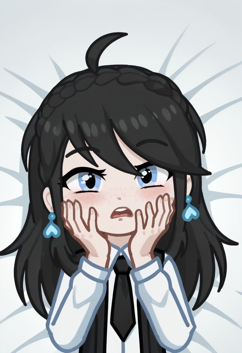 score_9, score_8_up, score_7_up, score_6_up, Neon light, lying in bed, GELUGDD, GELUGDDGacha, GELUGDD, GELUGDDGacha, Gacha, girl, black hair, long hair, braid, blue eyes, blue earrings, black tie, loasha, looking ashamed with hands on face