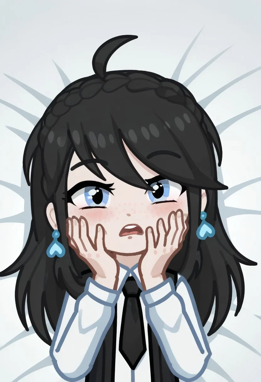 score_9, score_8_up, score_7_up, score_6_up, Neon light, lying in bed, GELUGDD, GELUGDDGacha, GELUGDD, GELUGDDGacha, Gacha, girl, black hair, long hair, braid, blue eyes, blue earrings, black tie, loasha, looking ashamed with hands on face