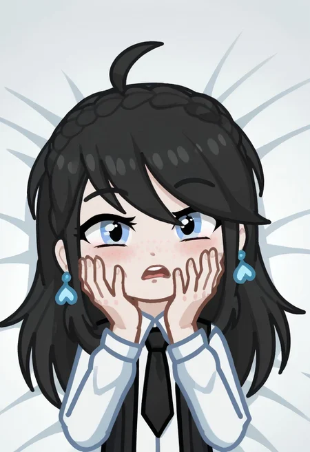 score_9, score_8_up, score_7_up, score_6_up, Neon light, lying in bed, GELUGDD, GELUGDDGacha, GELUGDD, GELUGDDGacha, Gacha, girl, black hair, long hair, braid, blue eyes, blue earrings, black tie, loasha, looking ashamed with hands on face