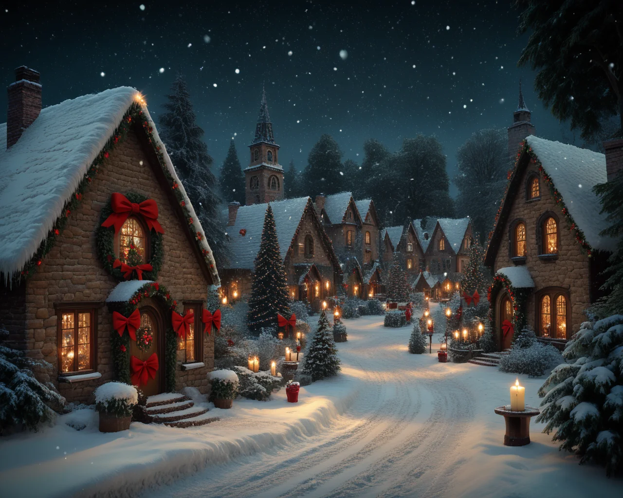 score_6_up,score_5_up,score_4_up, masterpiece, best quality, very aesthetic, life-like, photograph, real place, actual location, New England town, detailed textures, bright colors, natural light, ultra HD, fine details, soft background blur, <lora:Wolvies_Christmas_Village_STYLE_v241215.0040:1> xmas_village, holiday, Christmas, scenery, night, winter, Christmas tree, lamppost, a small village at (night:1.1), at Christmas time, with candles in the windows, snow covered, falling snow, cozy look at feel, cheery, incredible quality, highly realistic, incredible detail, 32k, complex, photographic quality, masterpiece, best quality, very aesthetic, 1700s, cottage, storybook architecture, Thomas Kinkade style, shimmering lights, brilliant colors