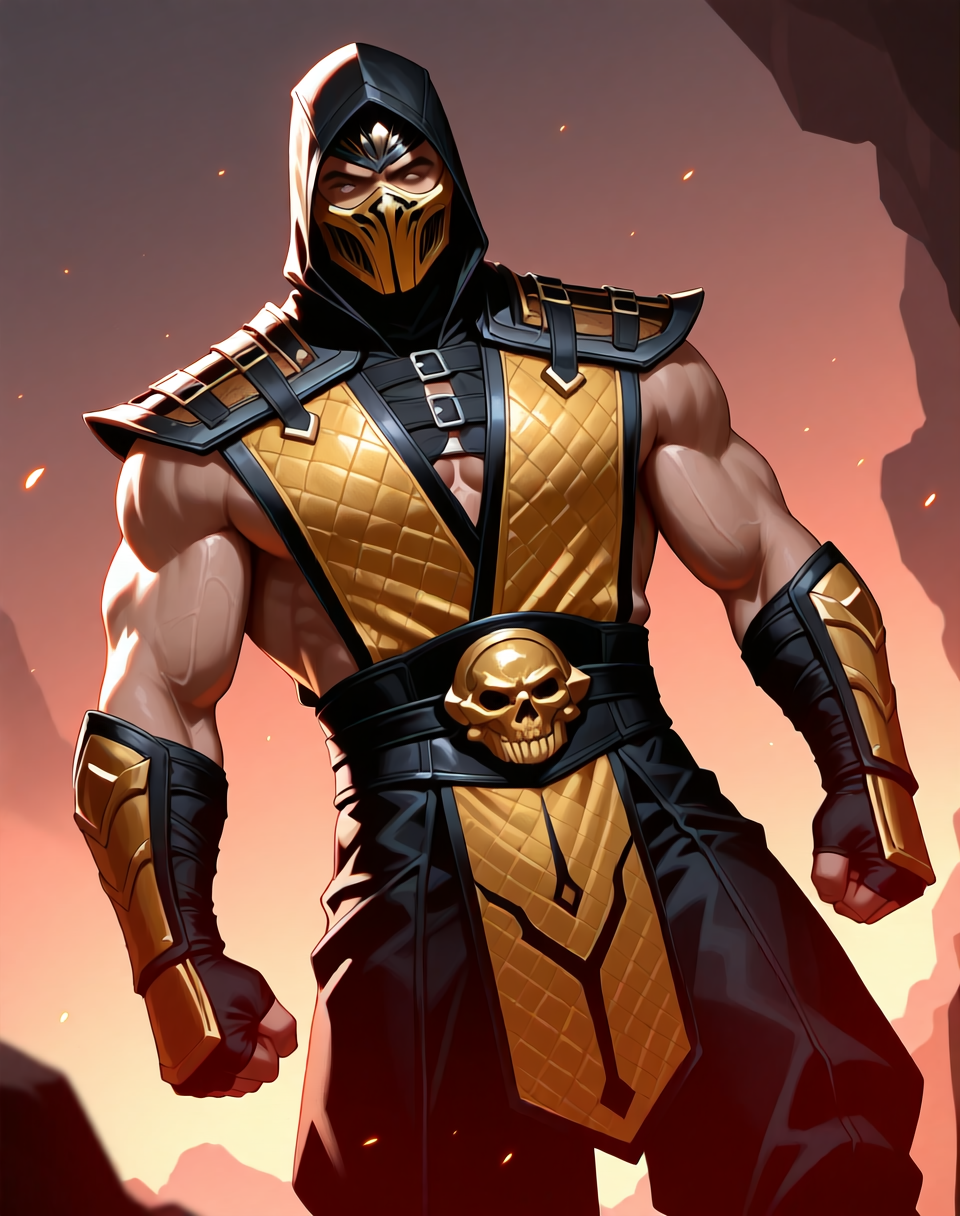 <lora:Scorpion_(Mortal_Kombat)_(Illustrious)_(AD):0.85> Scorpion_MK, muscular, Mortal Kombat, 
dutch angle, exterior, volcanic landscape, hellish underworld, 
male chest focus, gradient coloring, villain, leather ninja armor, ninja headwear, 
BREAK very awe, aesthetically pleasing, masterpiece, best quality, amazing quality, very aesthetic, perfect depth of field shot, in'ei,
Smooth Quality, lazympos, IllustQualXL_Pos,