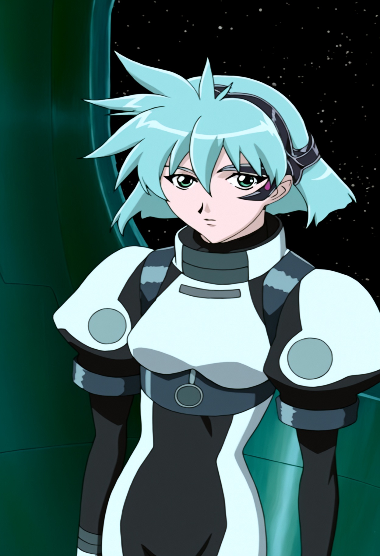 high quality, highres, retro artstyle, 1girl, meia gisborn,  solo,green eyes, looking at viewer,  hair between eyes, blue hair, short hair, aqua hair,  indoors, space, bodysuit, eyepiece, standing, portrait,