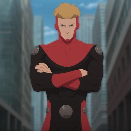 p0w3rpl3x, 1boy, male focus, blonde hair, blue eyes, highly detailed, intricate details, detailed background, solo, close up, standing, outdoors, city, buildings, day, sky, dynamic light, crossed arms, red mask, red and black bodysuit, metal circles, looking at viewer, serious face,  <lora:Powerplex:1>