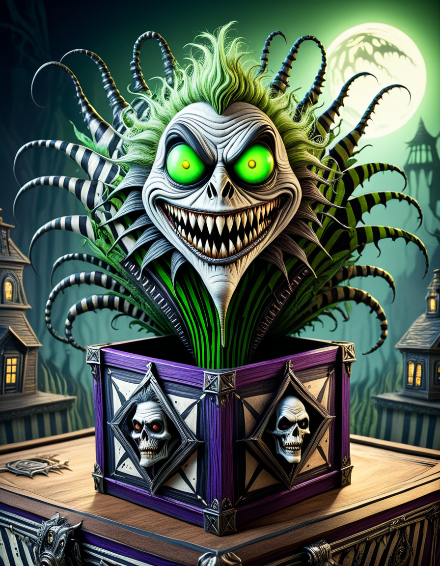 Monster in a box, high quality, masterpiece, Beetlejuice in a horror themed box design, elaborate fantasy style art, intricate details, ultra sharp, backlit, exquisite detail <lora:Monster_in_a_Box_SDXL:1>