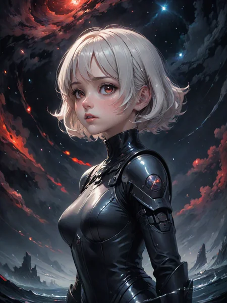 a quite night at the lake, by krenz cushart and mucha and akihito yoshida and greg rutkowski, nier:automata inspired, bravely default inspired, vibrant but dreary but upflifting red, black and white color scheme!!! space nebula background, highly detailed portrait, digital painting, artstation, concept art, smooth, <lora:LCM_LoRA_Weights:0.7>
