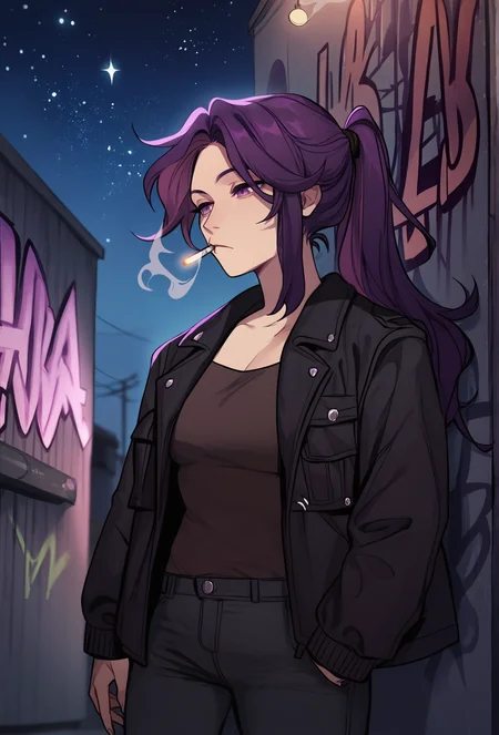 score_9, score_8_up, score_7_up:1, depth of field, rating_safe,
<lora:glacierclear_style_ponyXL_v2.3:1> gclearstyle, 1girl, purple hair, ponytail, sidelocks, long hair, purple eyes, black jacket, open jacket, black pants, night, starry sky, graffiti, breath, cigarette,
