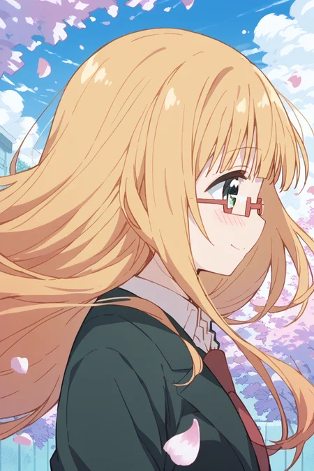 score_9, score_8_up, score_7_up, score_6_up,
<lora:Mitsuki_Sonoda:1> mitsuki, 1girl, solo, glasses, long hair, blonde hair, smile, petals, green eyes, blush, school uniform, wind, profile, close-up