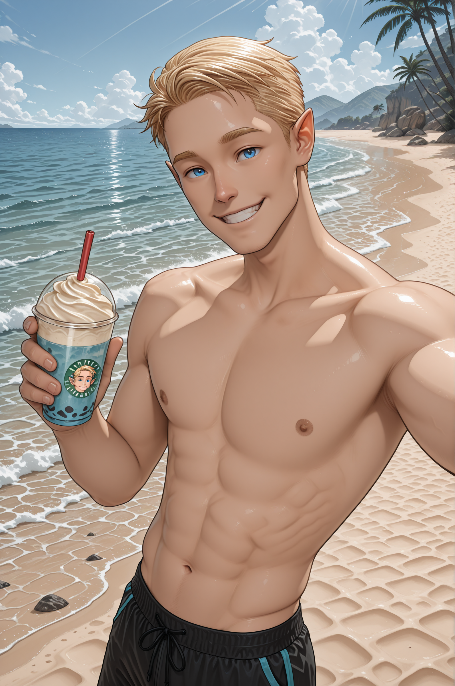 <lora:TyDecoy:1> 1boy, tydecoy, elf male, muscular, blonde hair, blue eyes, pointy ears,
smile, hawaïan swiming shorts, arm out selfie,  (holding smoothie:1.2),
beach, ocean, sunny, solo, alone,
