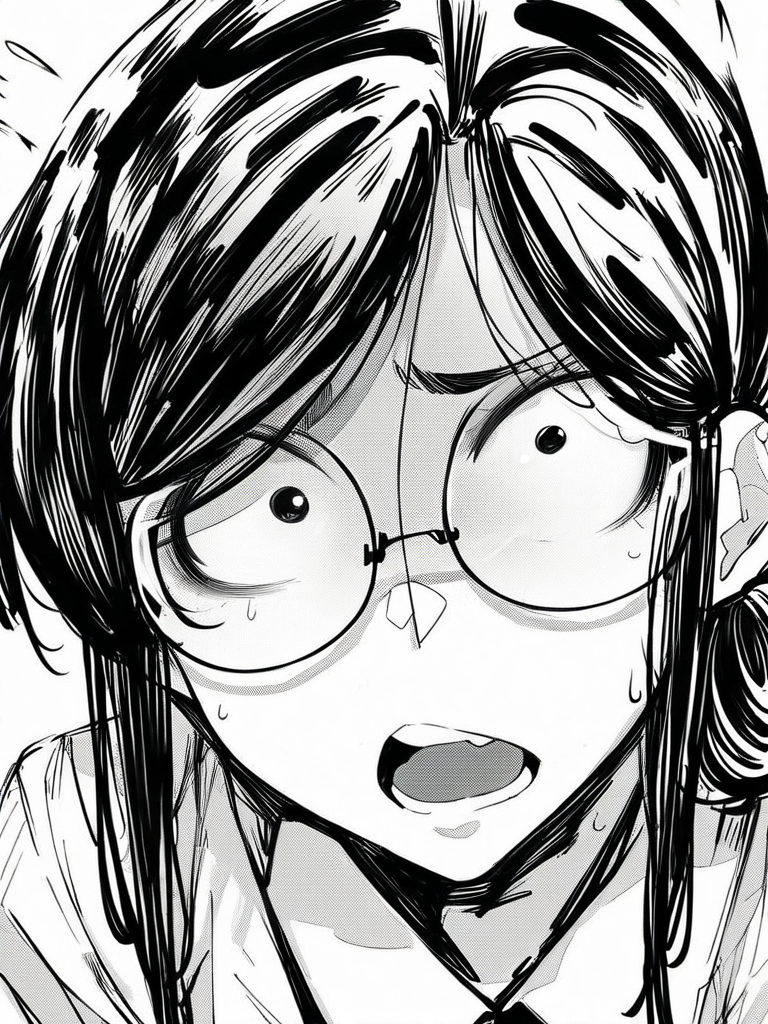 score_9, score_8_up, score_7_up,  
1girl, monochrome, kyoko mw, black hair, round glasses, folded ponytail, small breasts, black eyes,

face, close-up, constricted pupils, open mouth, looking at viewer, 
