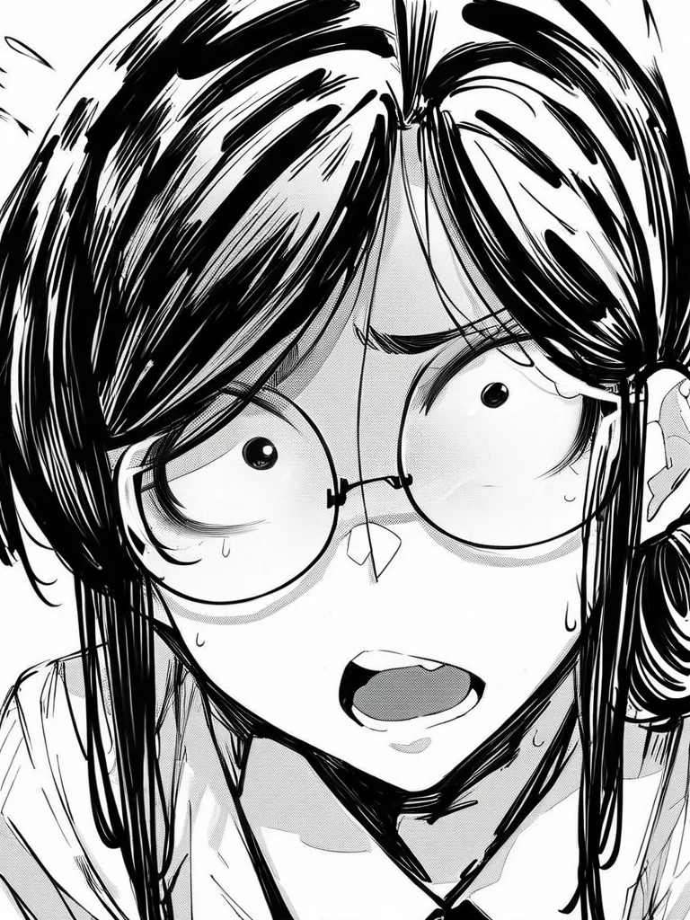 score_9, score_8_up, score_7_up,  
1girl, monochrome, kyoko mw, black hair, round glasses, folded ponytail, small breasts, black eyes,

face, close-up, constricted pupils, open mouth, looking at viewer, 
