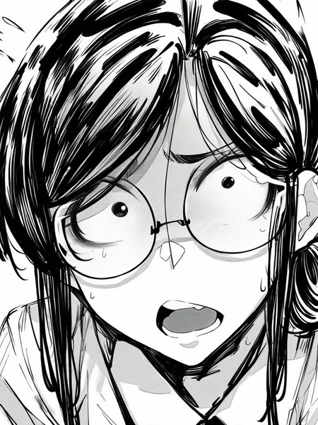 score_9, score_8_up, score_7_up,  
1girl, monochrome, kyoko mw, black hair, round glasses, folded ponytail, small breasts, black eyes,

face, close-up, constricted pupils, open mouth, looking at viewer, 
