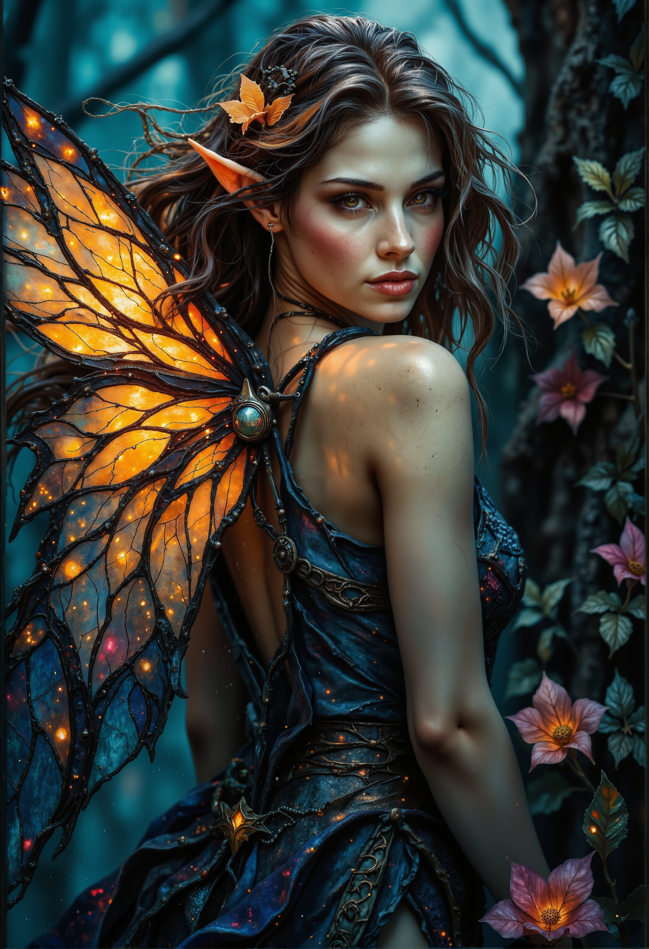 ArsMJStyle, Stained Glass,dark fantasy, eerie,. A breathtaking young elf with delicate, stained glass butterfly wings, glowing softly as they catch the light. Her skin is smooth, radiant, and flawless, with a subtle luminescence under natural lighting. She stands in a lifelike enchanted forest, the soft glow of bioluminescent plants surrounding her. Her butterfly wings shimmer with a stained glass effect, detailed with intricate patterns and transparent sections that reflect ambient light like a prism. Her flowing, silky hair moves gently in the wind, each strand rendered with ultra-realistic texture. The elf's face is serene, with lifelike features and striking, luminous eyes that shine with a hint of magic. Her expression is peaceful yet captivating, drawing attention to the exquisite craftsmanship of her facial details. Highly detailed, photorealistic, sharp focus, volumetric lighting, realistic shadows, ultra-high definition, and cinematic atmosphere., <lora:StainedGlassFlux.safetensors:1.0:1.0> <lora:fantasy-flux-v1.safetensors:1.0:1.0> <lora:Flux Darkfantasy_epoch_1.safetensors:0.75:0.75>