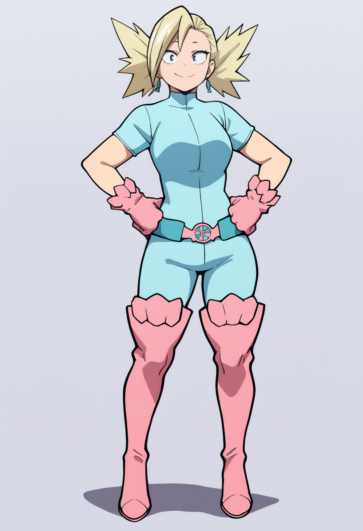 masterpiece, best quality, very aesthetic, absurdres,
1girl, nakagame, blonde hair, short hair,
blue bodysuit, earrings, short sleeves, pink boots, thigh boots, pink gloves, belt,
hands on hips, standing, full body,
smile, solo, looking at viewer, simple background, white background,  <lora:TatamiNakagameNoobXL_byKonan:1>