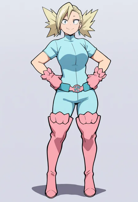 masterpiece, best quality, very aesthetic, absurdres,
1girl, nakagame, blonde hair, short hair,
blue bodysuit, earrings, short sleeves, pink boots, thigh boots, pink gloves, belt,
hands on hips, standing, full body,
smile, solo, looking at viewer, simple background, white background, <lora:TatamiNakagameNoobXL_byKonan:1>