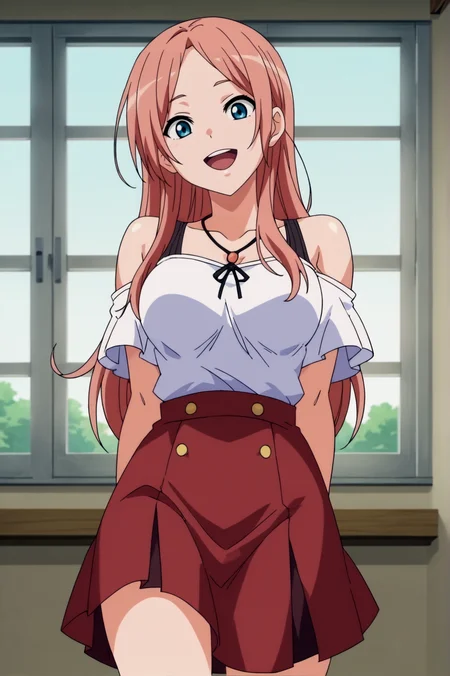 score_9, score_8_up, score_7_up,anime_source, source_anime, best background, detailed background, anime screencap, Takumi, 1girl, bare shoulders, breasts, skirt, open mouth, smile, solo indoors, <lora:JN_Musashino_Takumi:0.8>
