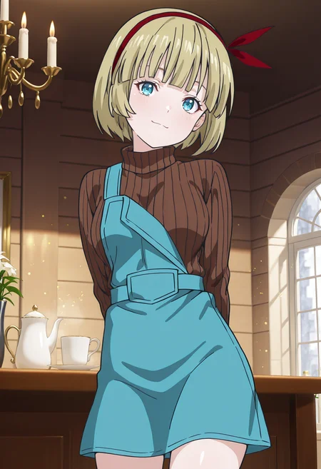 best quality, amazing quality, perfect quality, high quality, masterpiece, absolutely eye-catching BREAK
<lora:Shokugeki_no_Souma_-_Cilla:1> ShokugekiCilla, blue eyes, blonde hair, short hair, blunt bangs, red hairband, medium breasts BREAK
brown ribbed sweater, turtleneck sweater, blue overalls, single off shoulder, blue skirt BREAK
indoors, dining hall, chandelier, light particles BREAK
1girl, solo, standing, arms behind back, head tilt, light smile, looking at viewer, cowboy shot, dutch angle